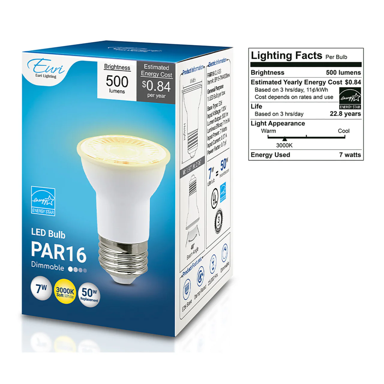LED PAR16 - 7 Watt- 50 Watt Equiv. - Dimmable - 500 Lumens - Euri Lighting - Image 3