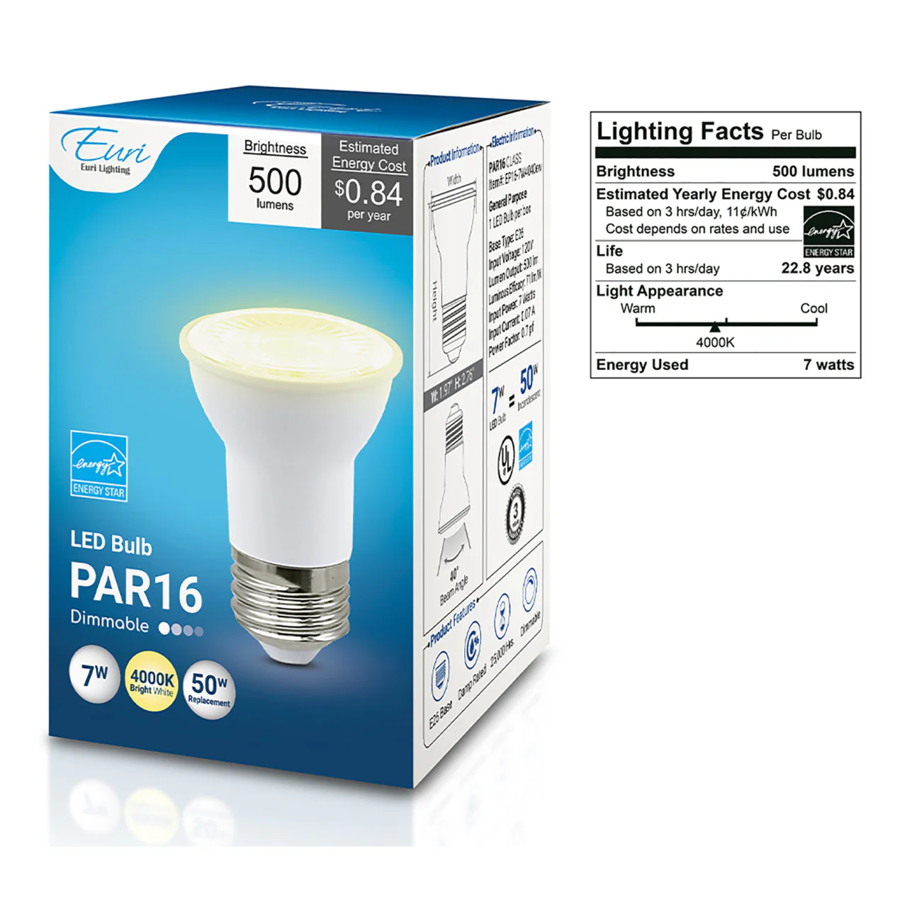 LED PAR16 - 7 Watt- 50 Watt Equiv. - Dimmable - 500 Lumens - Euri Lighting - Image 4