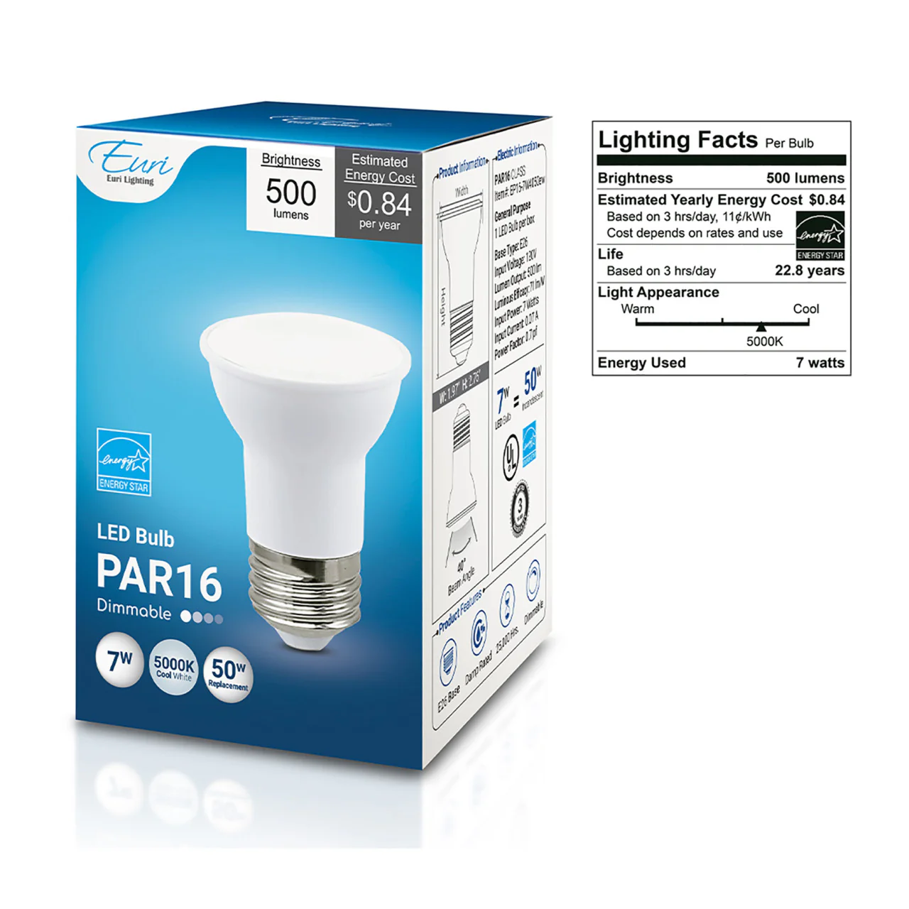 LED PAR16 - 7 Watt- 50 Watt Equiv. - Dimmable - 500 Lumens - Euri Lighting - Image 5