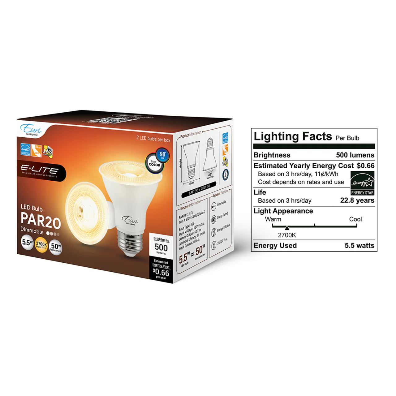 2-Pack E-Lite LED PAR20 Bulb - 5.5W - 500 Lumens - Euri Lighting - Image 5