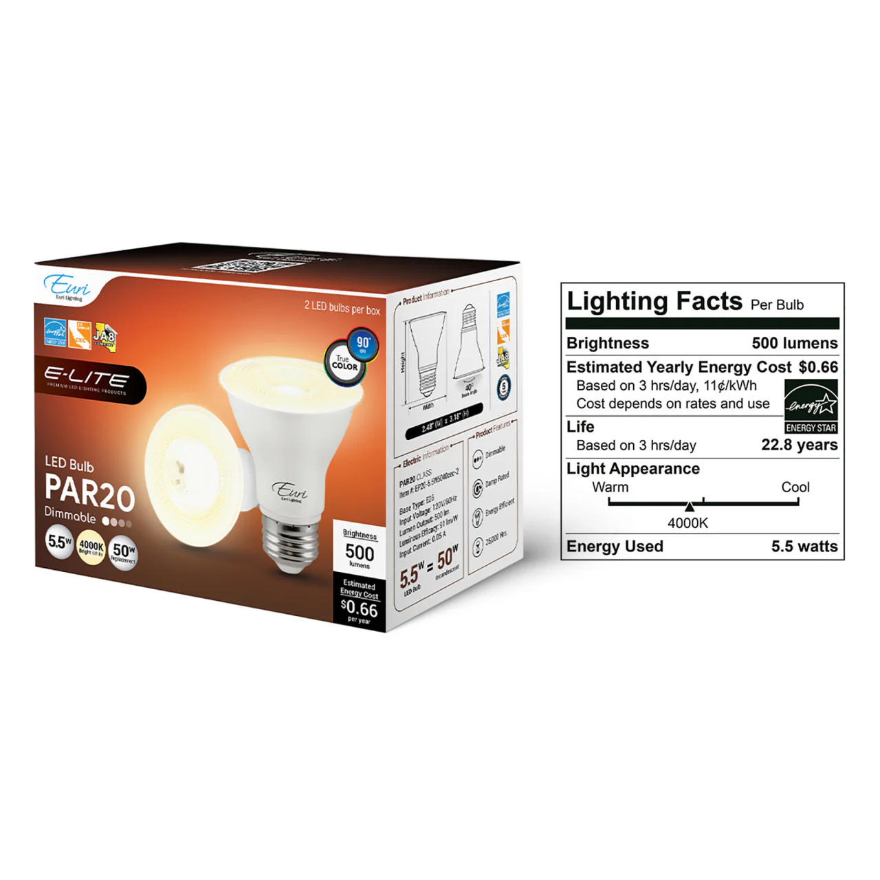 2-Pack E-Lite LED PAR20 Bulb - 5.5W - 500 Lumens - Euri Lighting - Image 6