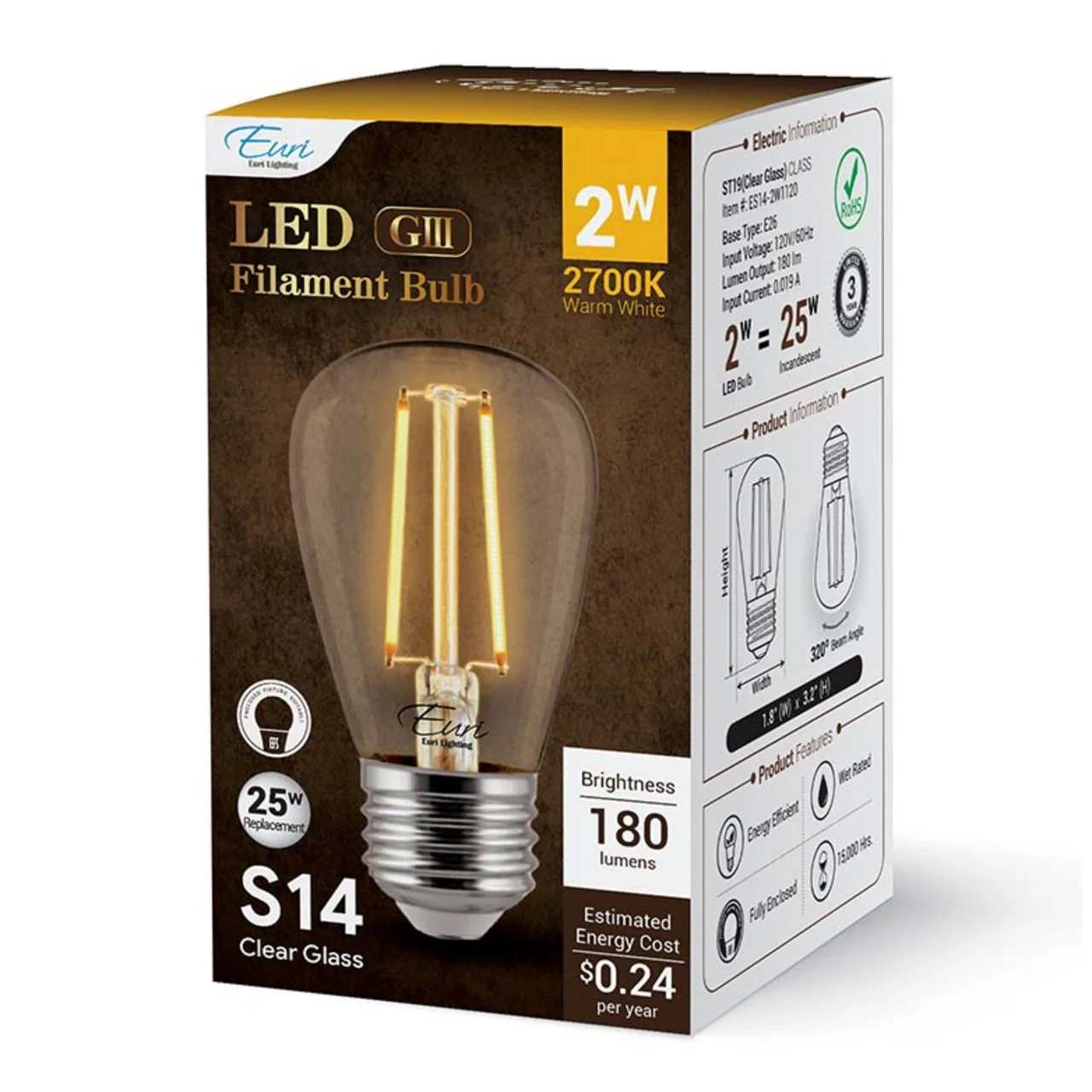 LED S14 Filament Bulb - 2W - 180 Lumens - 2700K - Euri Lighting - Image 6