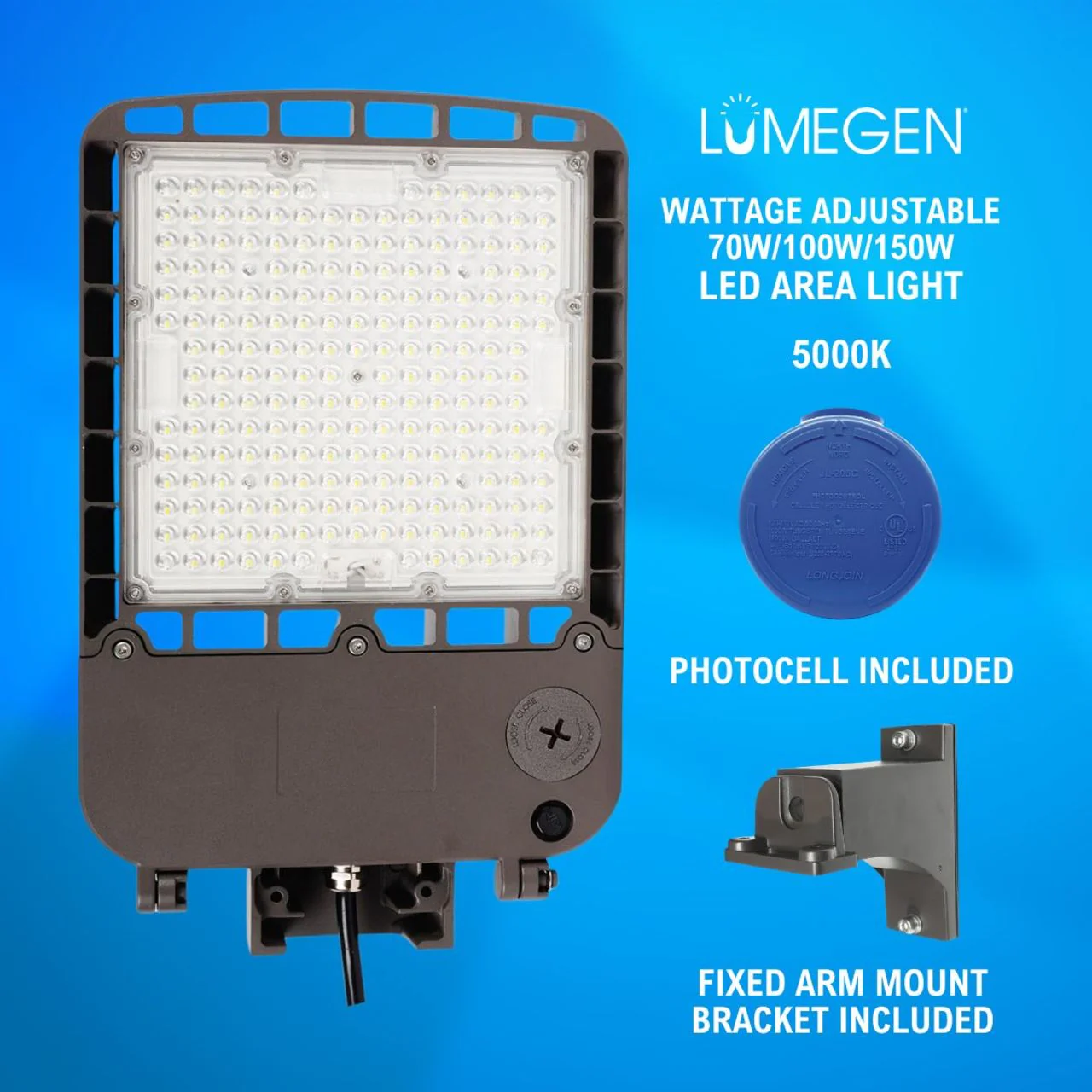 LED Area Light with Photocell and Fixed Arm Mount Bracket - Wattage Adjustable 70W/100W/150W - 5000K - LumeGen - Image 2
