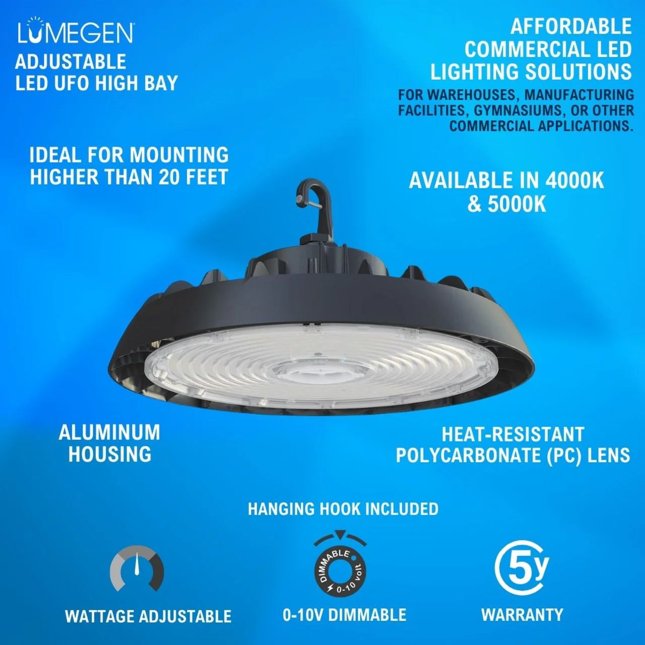LED UFO High Bay - Wattage Adjustable 100W/125W/150W - 4000K/5000K - LumeGen - Image 2
