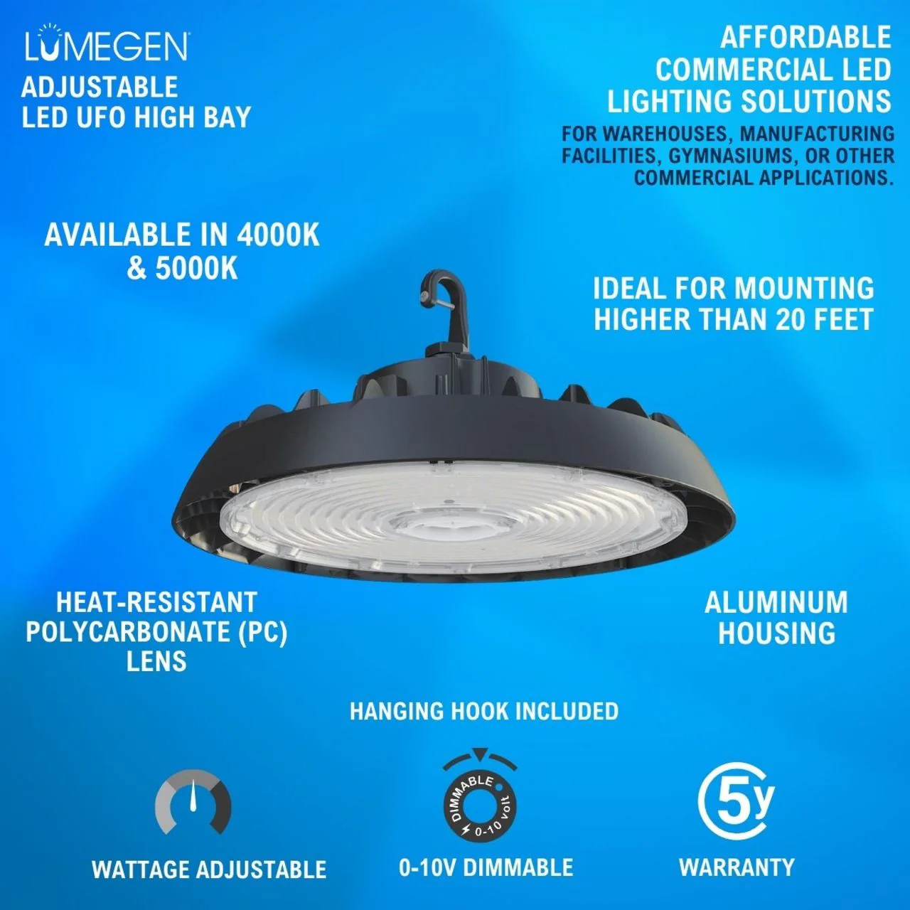 LED UFO High Bay - Wattage Adjustable 150W/200W/240W - 4000K/5000K - LumeGen - Image 2