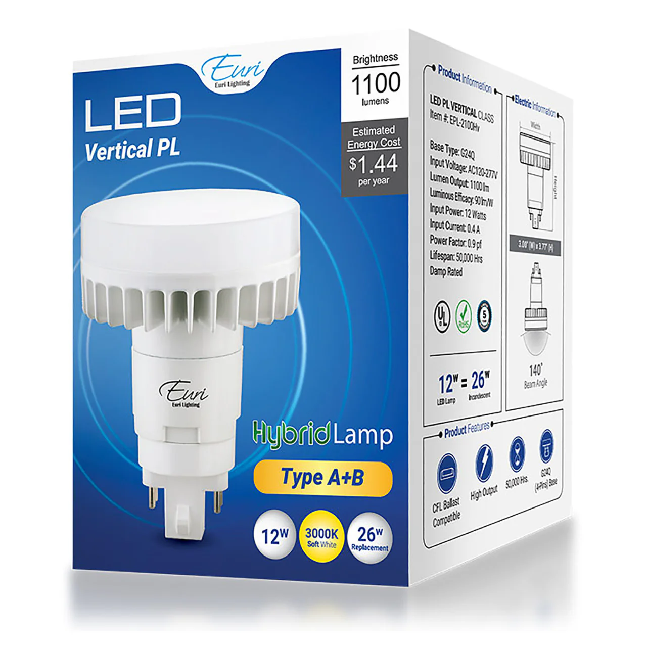 PL LED Bulb - Vertical - Type A + B - 12W - 1100 Lumens - Euri - Image 4