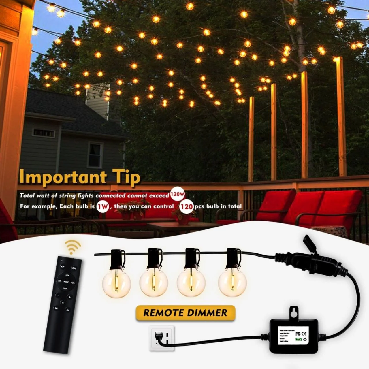 Remote Control Dimmer for String Lights - 120W Max Load - LumeGen - Image 4