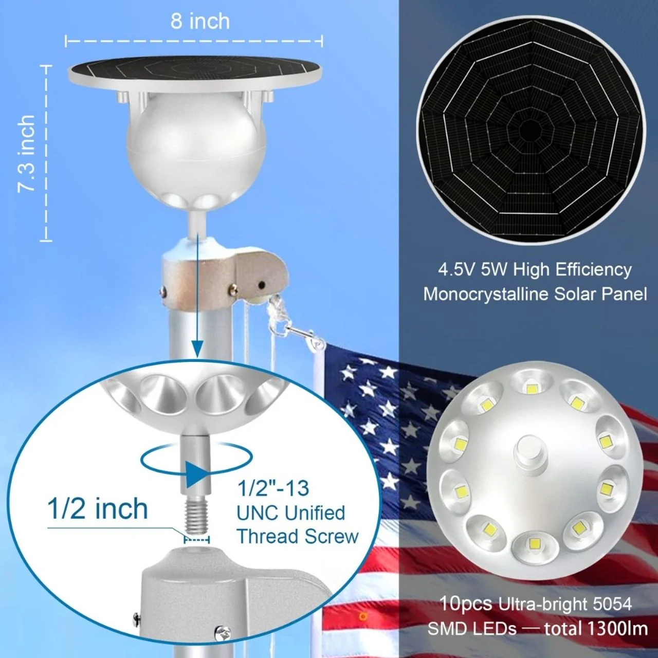 Solar LED Flag Pole Ball Topper Light - 10 LEDs - White/Black/Gold/Silver Finish - Image 21
