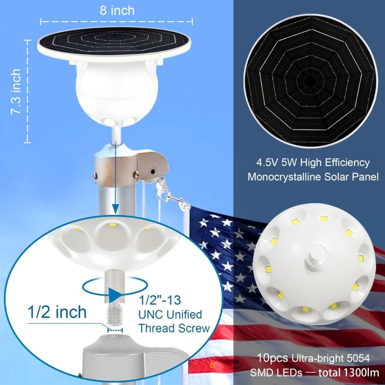 Solar LED Flag Pole Ball Topper Light - 10 LEDs - White/Black/Gold/Silver Finish - Image 25