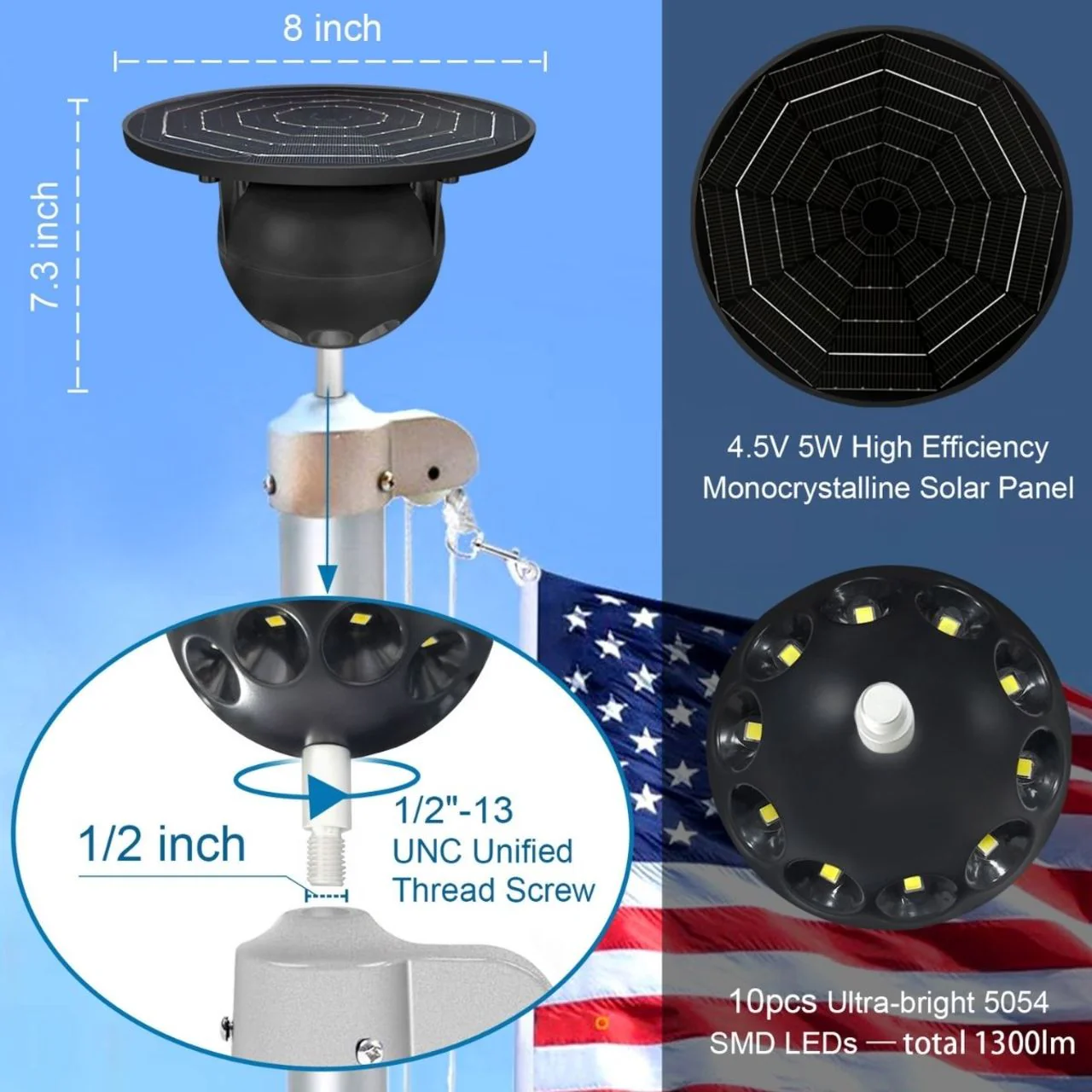 Solar LED Flag Pole Ball Topper Light - 10 LEDs - White/Black/Gold/Silver Finish - Image 6