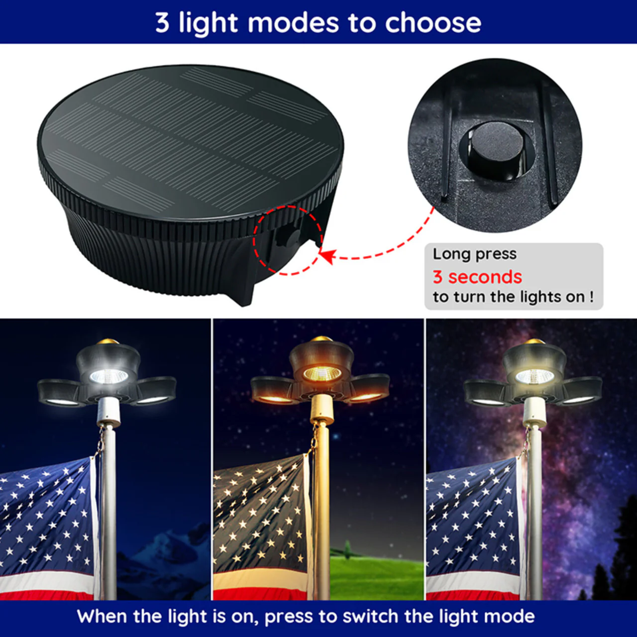 Solar LED Tri-Head Flagtop Pole Light - 32 LEDs - Color Tunable - LumeGen - Image 3
